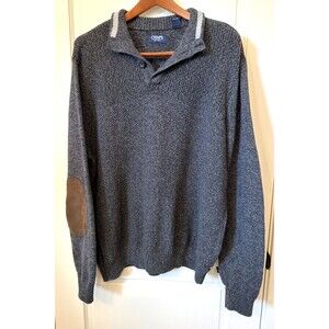 Chaps Men Black Gray Sweater L Elbow Patches 1/4 Button Preppy Mixed Knit Y2K